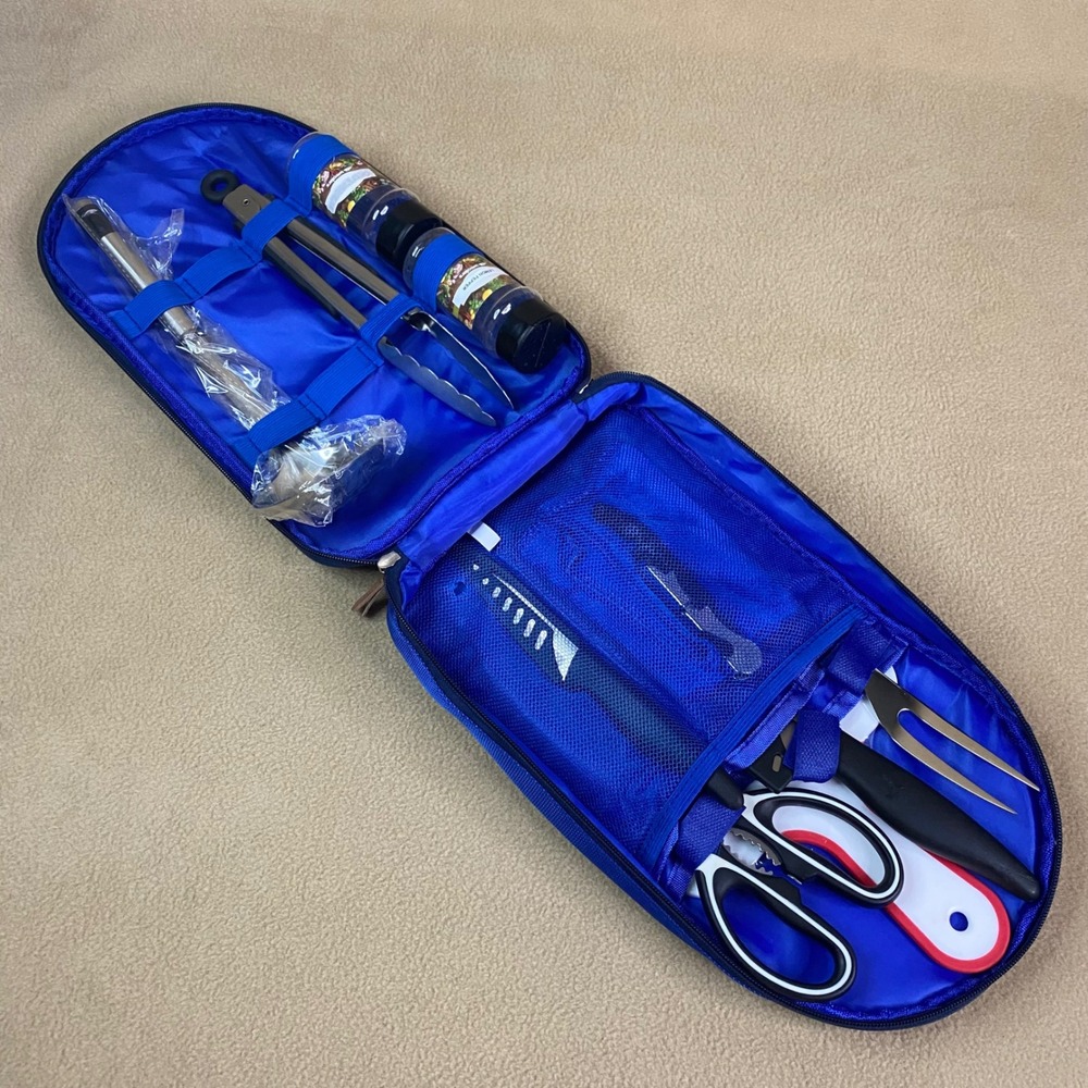 Camping Kitchen Utensil Set Blue Travel Case Portable Outdoor Cooking Picnic EUC